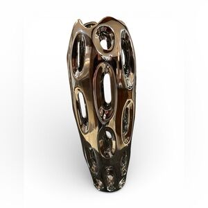 21 in. Silver Ceramic Decorative Vase with Cut Out Designs. NWT